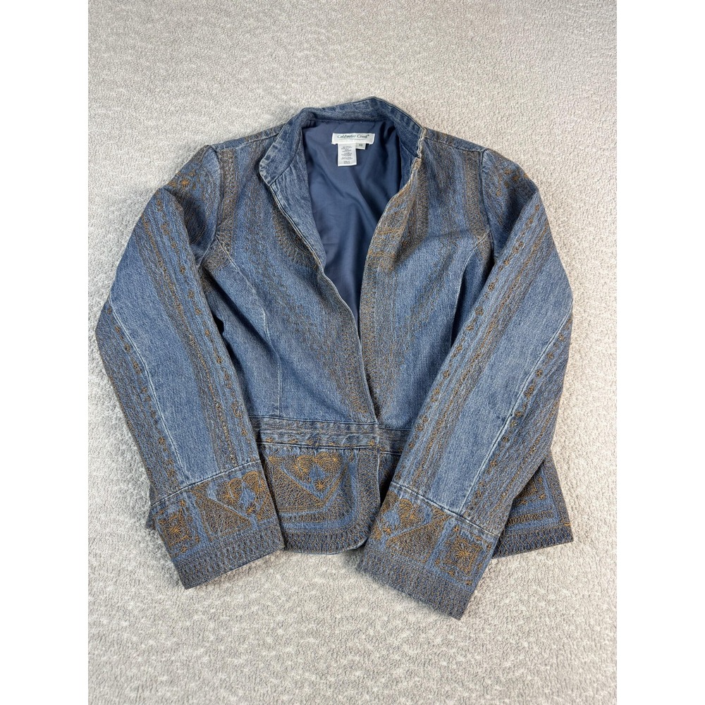 Coldwater Creek Jacket Womens XS Blue Embroidered Denim Collarless Lined Boho